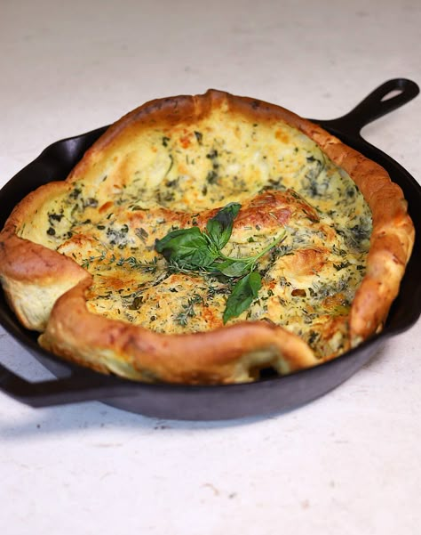 Savory Herb And Cheese Dutch Baby-Coffee And Champagne Goat Cheese And Dill Dutch Baby Nyt, Dutch Baby Recipe Savory, Goat Cheese And Dill Dutch Baby, Savory German Pancake, Dutch Baby Savory, Savoury Dutch Baby, Savory Dutch Baby Recipe, Dutch Baby Pancake Savory, Savory Dutch Baby