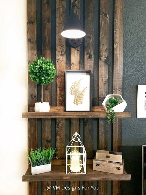 Moody & Modern Farmhouse Inspired Living Room Diy Wall Shelves Living Room, Black And Wood Living Room Ideas, Tv Wall Design Farmhouse, Masculine Accent Wall, Moody Modern Farmhouse, Black And Wood Living Room, Moody Farmhouse Living Room, Woodsy Living Room, Rustic Farmhouse Living Room Ideas