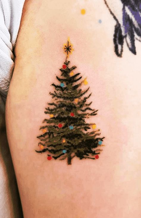 Vintage Christmas Tattoo, Christmas Flower Tattoo, Gingerbread Tattoo, Christmas Tree Tattoo, Christmas Tattoo Ideas, Manly Tattoos, Holiday Tattoos, Christmas Tattoos, Lamp Tattoo