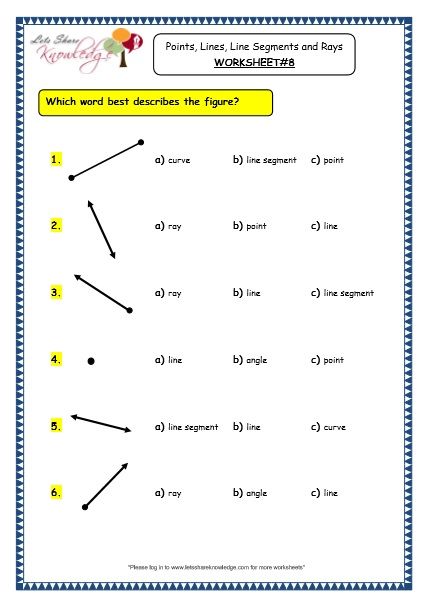 Grade 3 Maths Worksheets: (14.1 Geometry: Points, Lines, Line Segments and Rays) Line Segment Worksheets, Line Line Segment Ray Activities, Line Line Segment Ray Worksheet, Point Line Line Segment Ray Activities, Geometry Worksheet Class 3, Lines Rays And Angles 4th Grade, Grade 3 Maths Worksheets, Third Grade Geometry, Ray Line