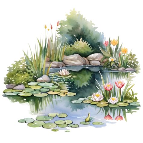 Pond Life Illustration, Pond Landscape Drawing, Forest Pond Art, Watercolor Pond Painting, Pond Landscape Painting, Pond Illustration Art, Frog Pond Illustration, Pond Landscaping Drawing, Watercolour Pond