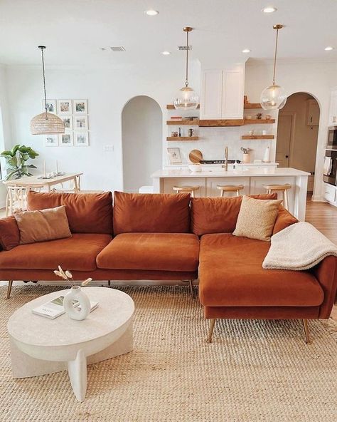 Terracota Sofa Interior Design, Terracotta Sectional Sofa, Teracota Sofa, Terra Cotta Sofa Living Rooms, Rust Orange Sofa Living Room, Boho Living Room Orange Couch, Orange Couches Living Room Ideas, Terra Cotta Couch Living Rooms, Pink Brown Interior