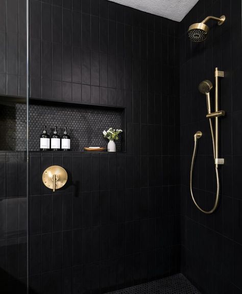 Small Dark Bathroom, Black Tile Bathrooms, Home Spa Room, Bedrosians Tile, Luxe Bathroom, House Bathrooms, Black Tile, Shower Tile Designs, Basement Bathroom