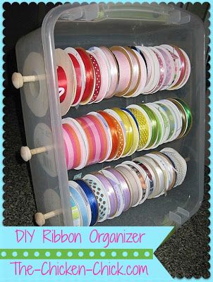 DIY Ribbon Organizer Stackable Tote [Tutorial] : the best idea that I've seen in AGES!!! Ribbon Storage Ideas, Ribbon Organizer, Ribbon Holders, Ribbon Organization, Ribbon Storage, Dream Craft Room, Tote Organization, Office Crafts, Plastic Container