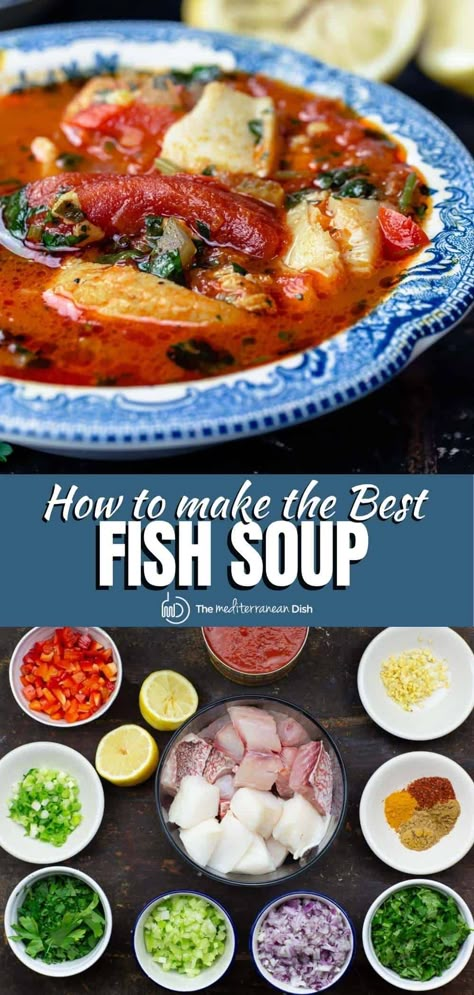 Mediterranean-Style Fish Soup Recipe Fish And Vegetable Soup, Greek Fish Soup Recipe, Fish Soup Recipe Easy, Fish Soup Recipe, Seafood Soups, Soup Recipe Easy, Fish Stew Recipes, Seafood Soup Recipes, The Mediterranean Dish