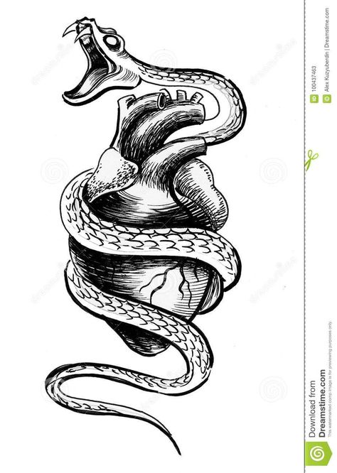 Snake Protecting Heart Tattoo, Double Headed Snake Drawing, Snake And Heart Drawing, Snake With Open Mouth Drawing, Creepy Snake Drawing, Snake With Fangs Tattoo, Snake Drawing Mouth Open, Snake Heart Tattoo Design, Open Mouth Snake Tattoo