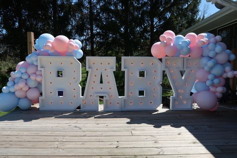 2023 Gender Reveal, Gender Reveal Marquee Letters, Baby Marquee Letters With Balloons, Gender Reveal Backdrop Ideas Outside, Gender Reveal Backdrop Ideas Backgrounds, Balloon Garland Gender Reveal, Gender Reveal Decorations Outdoor, Gender Reveal Backdrop Ideas, Gender Reveal Background