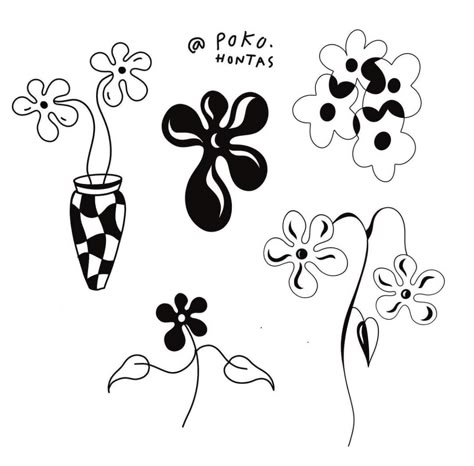 Funky Flower Tattoo, 70s Style Tattoo, Indy Tattoos, Squiggly Tattoo, Groovy Tattoo Ideas, Flower Doodle Tattoo, 70s Tattoo Ideas, Groovy Tattoo, Bag Tattoo