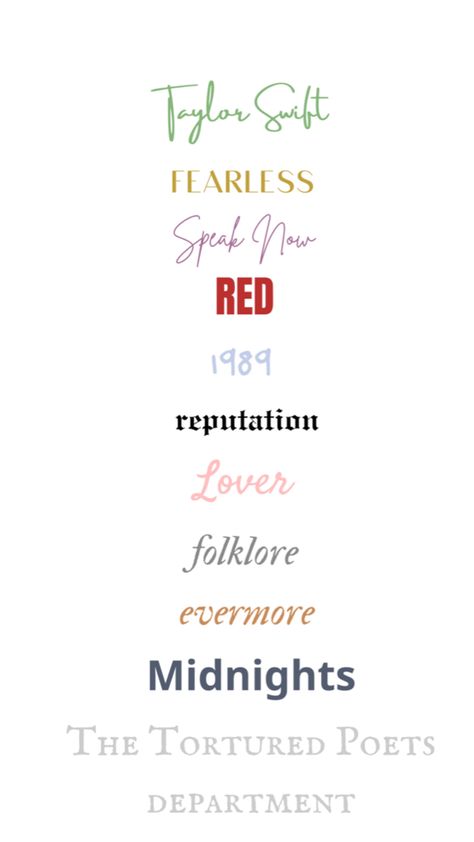 Will try to post the names of each font!🩷 Taylor Swift Album Name Fonts, Taylor Swift Album Names Font, Taylor Swift Album Fonts, Taylor Swift Album Titles, Taylor Swift Fonts, Album Names, Taylor Name, Fan Ideas, Taylor Concert