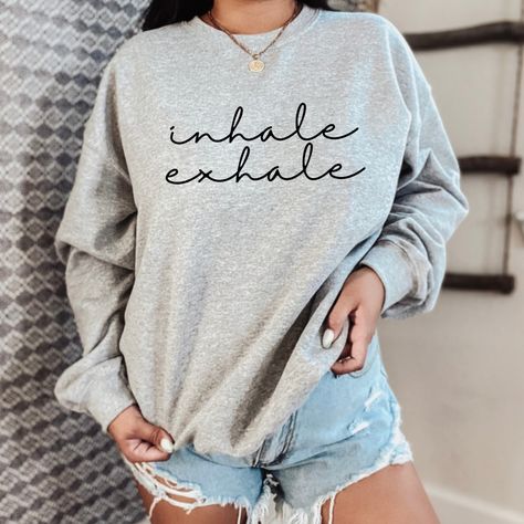 This New Soft And Cozy Inhale Exhale Sweatshirt Is Perfect For Yogi R A Gift For A Friend. Can Be Styled Cuffed Or Uncuffed. Crewneck Slouchy Fit Size: S-5x Text Reads Inhale Exhale Great For: Instagram Yoga Gifts For Her Gifts Under $50 Christmas Gift Birthday Gift Holiday Gift Workout Available Up To Size 5x Available In A Croptop, Tank And Tee Boho Bohemian Slouchy Soft Sweater Sweatshirt Black Gray Top Relax Yoga Sweater, Yoga Sweatshirt, Health Gifts, Women Rights, Inhale Exhale, Quirky Fashion, Sweatshirt Women, Meditation Yoga, Favorite Sweater