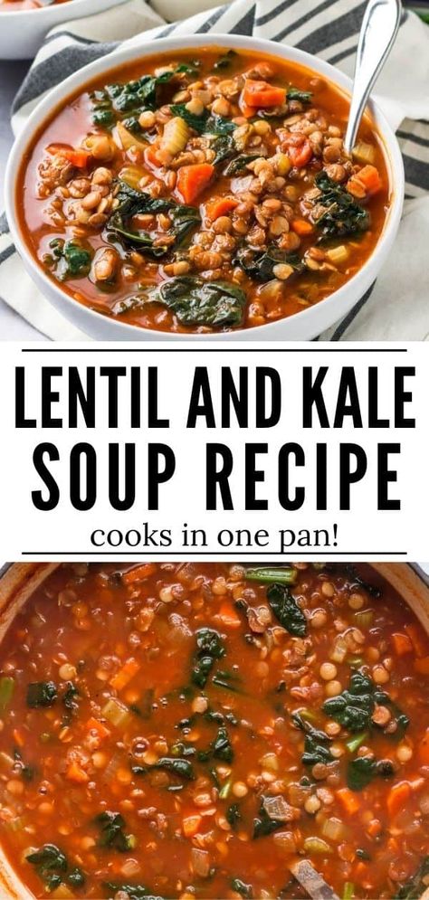 This lentil and kale soup is packed with veggies, lentils and seasonings. It comes together easily in one pan and tastes great as leftovers. Best Lentil Soup Recipe Cookie And Kate, Veggie Soup With Kale, Red Lentil Kale Soup, Keto Lentil Soup Recipes, Healthy Lentil Veggie Soup, Easy Vegetarian Lentil Recipes, Lentils And Veggies, Kale Lentil Soup Crock Pot, Kale In Soup