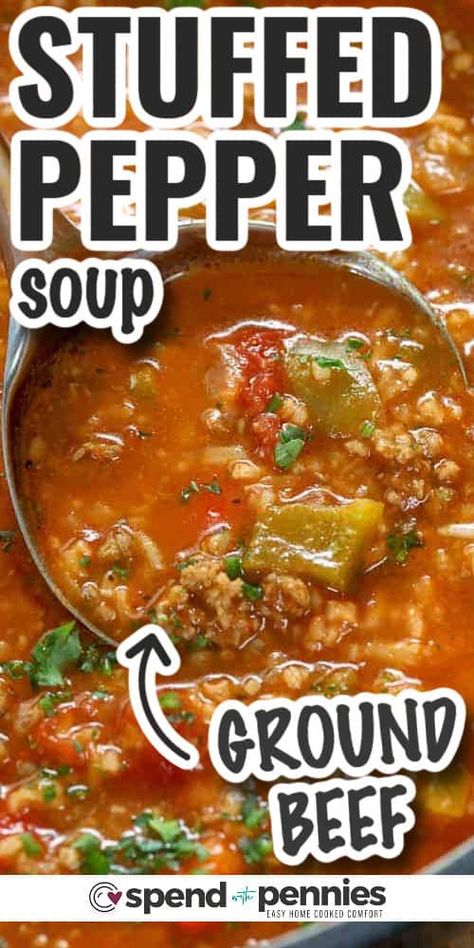 Stuffed Green Pepper Soup is easy to make with just a few minutes of prep time. Ground beef, sausage, bell peppers are simmered until tender. Add in rice to serve. It freezes well and reheats beautifully! #stuffedpeppersoup #soup #recipe #spendwithpennies Stuffed Green Pepper Soup, Stuffed Green Pepper, Green Pepper Soup, Bell Pepper Soup, Comfort Soup Recipes, Beef Soup Recipes, Stuffed Pepper, Pepper Soup, Beef Sausage