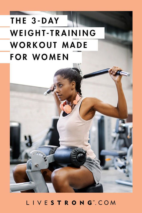 If you've been slaving over a cardio machine for the past few months, it's time to break out of your routine. Try this three-day weight-training workout for women. Weight Machine Workouts For Women Exercise Routines, Gym Workouts Women 3 Days A Week, Beginner Weight Training Plan, Beginner Workout Weights, Gym Plan Women, 3 Day Womens Gym Workout, Three Days A Week Workout Plan, Gym Workout Plan For Women Machines Fitness Routines, Weight Training Workouts For Women Plan