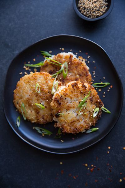 Crispy Rice Latkes – Busy in Brooklyn Crispy Rice Cakes Recipes, Leftover Sushi Rice Recipes, Leftover Rice Patties, Rice Cakes Toppings Lunches, Crispy Sushi Rice Cakes, Leftover Sushi Rice, Crispy Sushi Rice, Crispy Rice Cakes, Trader Joe’s Korean Rice Cakes