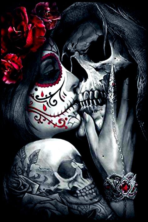 Oc Kissing, Skeleton Oc, Tattoo Son, Catrina Tattoo, Skull Girl Tattoo, Kunst Tattoos, Sugar Skull Tattoos, Skull Pictures, Cat Tattoos