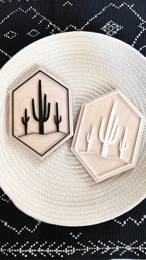 Handmade with care, this unique item is a must-have for anyone who loves to add a touch of nature to their decor. Available in black and white, full acrylic or natural wood background, this product is versatile and can easily complement any room in your home. The laser cut acrylic cactus adds a modern and stylish touch to the piece, making it a great conversation starter for guests. The natural wood background and the full acrylic option creates a sleek and contemporary look. All our items are h Customized Wood Gifts, Laser Design Ideas, Laser Home Decor, Laser Wood Signs, Laser Engraving Acrylic Ideas, X Carve Projects, Laser Acrylic Ideas, Laser Engraving Ideas To Sell, Laser Projects To Sell