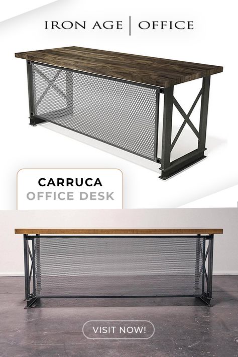 Looking to make your office stand out? This desk will do the trick. Bold and beautiful, this desk works in any workspace. This simple, striking piece will command the attention of anyone that steps foot into your office. #ironage #ironageoffice #craft #craftsmanship #handmade #madeinamerica #officedesign #designtrends #modernoffice #industrial #industrialdesign #woodwork #autumn #photoshoot Metal And Wood Office Desk, Different Wood Stains, Meja Industrial, Metal Office Desk, Industrial Computer Desk, Desk Industrial, Autumn Photoshoot, Door Grill, Wood Office Desk