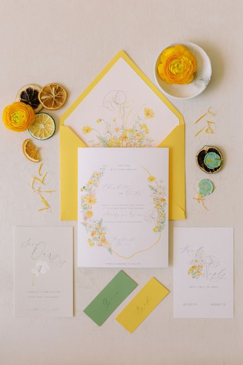 Mediterranean Countryside Wedding Inspiration In Shades Of Yellow Italian Countryside Wedding Invitation, Italy Wedding Color Scheme, Pale Yellow Wedding Invitations, Pastel Yellow Wedding Invitations, Italian Garden Wedding Invitation, Yellow Wedding Invites, White And Yellow Wedding Theme, Mediterranean Wedding Color Palette, Medditeranean Wedding