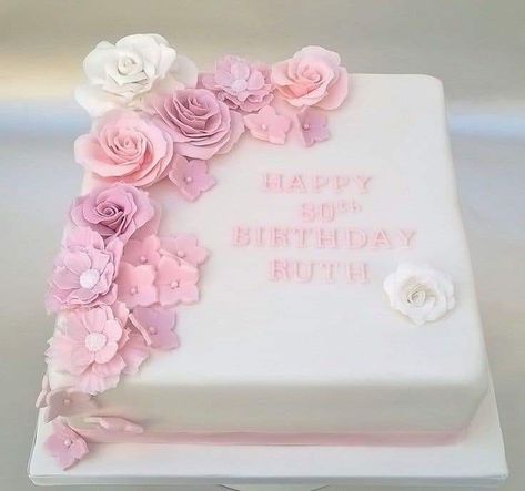 Pink 80th Birthday Cake, Pink Square Cake Birthday, Square 60th Birthday Cake, Flower Birthday Cake Square, Square Birthday Cakes For Women, Square Flower Cake, 80th Birthday Cakes For Women, Birthday Cake Square, Square Birthday Cake