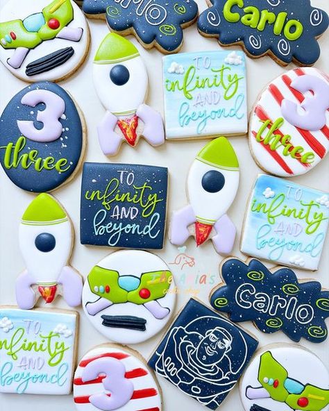 Buzz Lightyear Third Birthday Party, Three Year Old Buzz Lightyear Party, 3rd Birthday Buzz Lightyear, Buzz Lightyear Birthday Party Three, Buzz Light Year Cookies Decorated, Buzz Themed Birthday Party, Buzz Lightyear Cookies Decorated, Buzz Lightyear Theme Party, Buzz Light Year Cookies