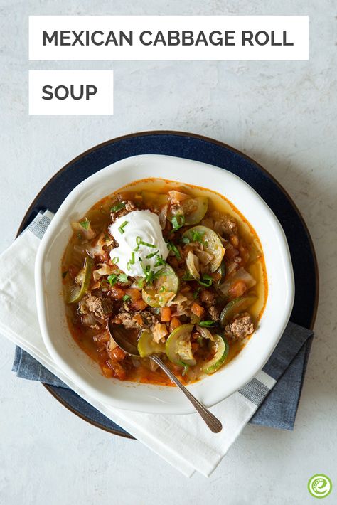 Mexican Cabbage Roll Soup | eMeals.com Mexican Cabbage Roll Soup, Cabbage Soup Spicy, Spicy Beef Cabbage Soup, Spicy Cabbage Soup, Tex Mex Cabbage Soup, Mexican Cabbage Soup Recipe, Unstuffed Cabbage Roll Soup, Slow Cooker Cabbage Rolls, Unstuffed Cabbage Rolls