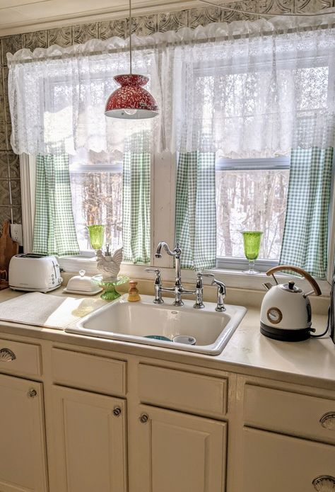 New lace valance, teakettle and toaster. Teatowels as curtains. Loving the vintage vibe in my kitchen English Cottage Kitchen Curtains, Vintage Curtains Kitchen, Cottage Curtains Ideas Kitchen, Vintage Kitchen Window Curtains, Vintage Kitchen Curtain Ideas, Kitchen Cottage Curtains, Cottage Core Kitchen Curtains, Cottagecore Kitchen Curtains, Cottage Core Curtain Ideas