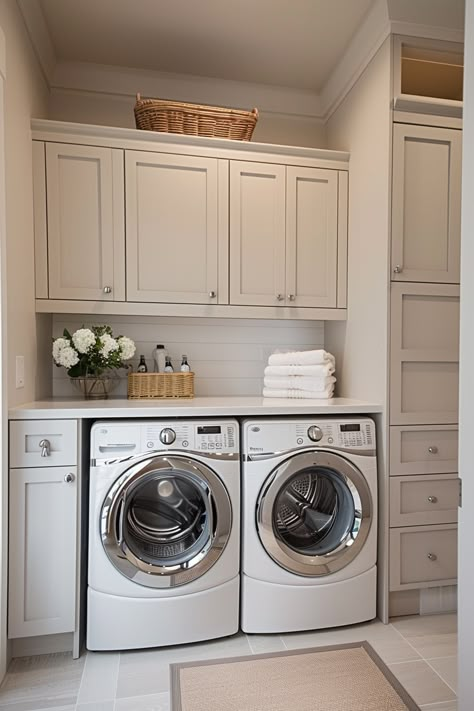 Small Laundry Room Design Ideas: Style Meets Functionality - Quiet Minimal Small Laundry Room With Pantry, Modern Contemporary Laundry Room, Hall Closet Laundry Room Ideas, Small Laundry Room Design Ideas, Small Laundry Room Design, Contemporary Laundry Room, Laundry Room Design Ideas, Laundry Makeover, Renovation Kitchen