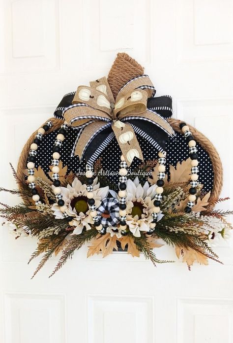 Farmhouse Pumpkin | Farmhouse Beaded Pumpkin make it your style ❤️ Materials needed: Dollar tree pumpkin frame Beads Rope Glue Fabric Ribbon for bow Florals (... | By Josette Artisana Boutique | Facebook Beaded Pumpkin, Pumpkin Wreath Diy, Dollar Tree Pumpkins, Autumn Wreaths For Front Door, Fall Door Hangers, Wreaths Diy, Beaded Rope, Fall Door, Diy Pumpkin