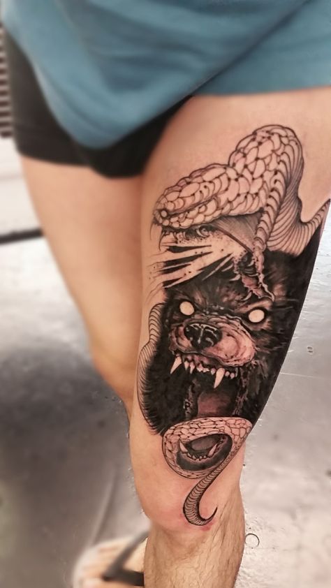 Wolf and snake by Joao Bosco, Parliament Tattoo, London UK Snake Wolf Tattoo, Lion Tattoo Design, R Tattoo, Awesome Tattoos, Wolf Tattoos, Wolf Tattoo, Snake Tattoo, Lion Tattoo, Dog Tattoos