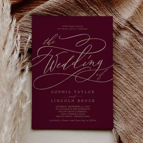 Romantic Burgundy Calligraphy The Wedding Of Invitation Burgundy And Gold Wedding, Bohemian Autumn, Popular Wedding Invitations, Elegant Fall Wedding, Wedding Announcement Cards, Wedding Bohemian, Fancy Hands, Wedding Unique, Calligraphy Wedding Invitation