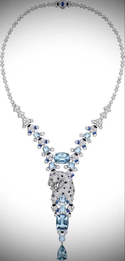 CARTIER. ‘PANTHÈRE GIVRÉE’ Necklace - platinum, three aquamarine totaling 20.33 carats, nine aquamarine, emerald eye, lapis lazuli, onyx, diamonds #CARTIER #CARTIER2023 #CartierLeVoyageRecommencé #CollectionLeVoyageRecommencé #HighJewelry #Aquamarine #Emerald #Diamond #Onyx #LapisLazuli Cartier Aquamarine, Jewellery Board, Cartier Necklace, Cartier Panthere, Cartier Jewelry, Royal Style, Jewelry Boards, Royal Jewelry, Fine Jewels