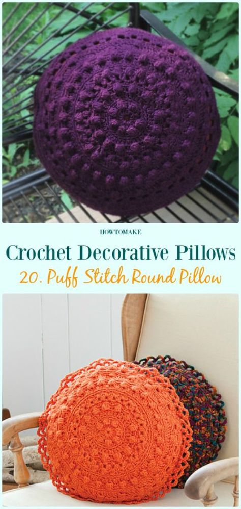 Puff Stitch Round Pillows Crochet Free Pattern - #Crochet; Decorative #Pillow; Free Patterns Round Crochet Cushion Free Pattern, Crochet Mandala Pillow Free Pattern, Crochet Round Pillow Cover, Free Crochet Pillows, Crochet Round Pillow Pattern Free, Crochet Round Pillow Pattern, Crochet Round Cushion, Crochet Pillows Free Patterns, Crochet Round Pillow