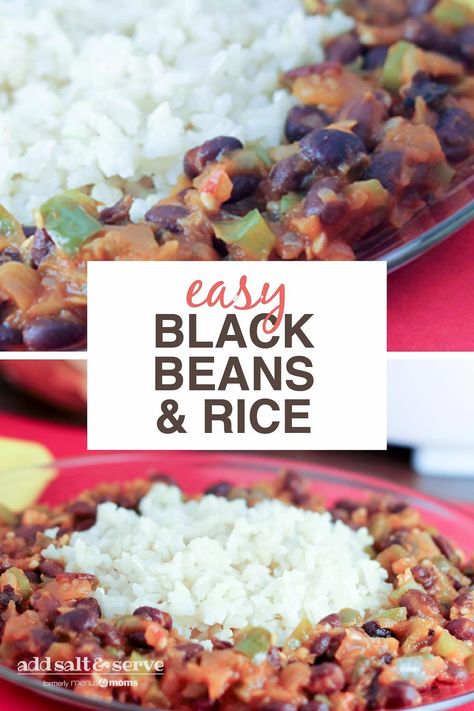 This quick stovetop Black Beans and Rice can be made in the time it takes to cook the rice. Adjust the spices to your taste by using salsa that is hot or mild, or add a chopped jalapeno to the pepper and onion. This is an easy recipe that's vegan, vegetarian, and gluten-free. #blackbeansrice #addsaltandserve Salsa Rice Recipe, Recipes With Black Beans, Easy Black Beans, Brown Jasmine Rice, Jasmine Rice Recipes, Beans Recipes, Vegetarian Mains, Black Beans And Rice, Easy Rice Recipes