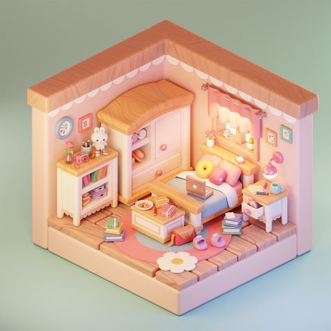 Isometric Room // 3D :: Behance Blender House Design, Blender Room 3d, Isometric Room 3d, Blender Isometric, Blender House, Blender Aesthetic, 3d Isometric Room, Isometric Kitchen, Room Decor Pieces