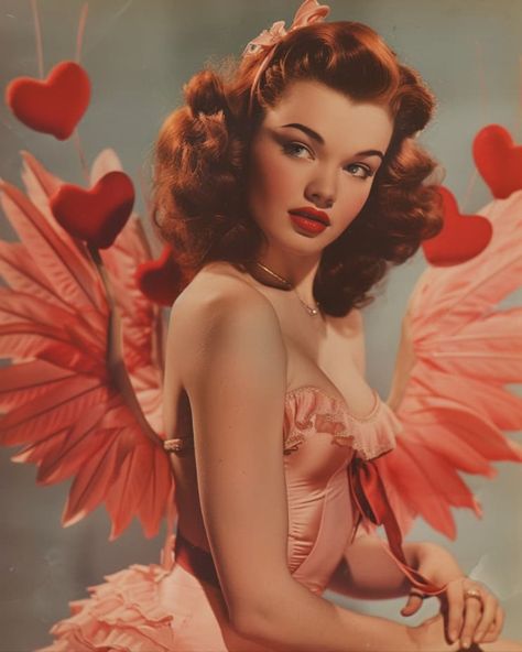 Vintage Valentine’s Day Photoshoot, Pinup Valentines Day Photo Shoot, Cupid Valentine Photoshoot, Cupid Burlesque, Vintage Cupid Costume, Pin Up Posters Vintage, Valentines Day Mood Board, Vintage Vampire Art, Showgirl Art