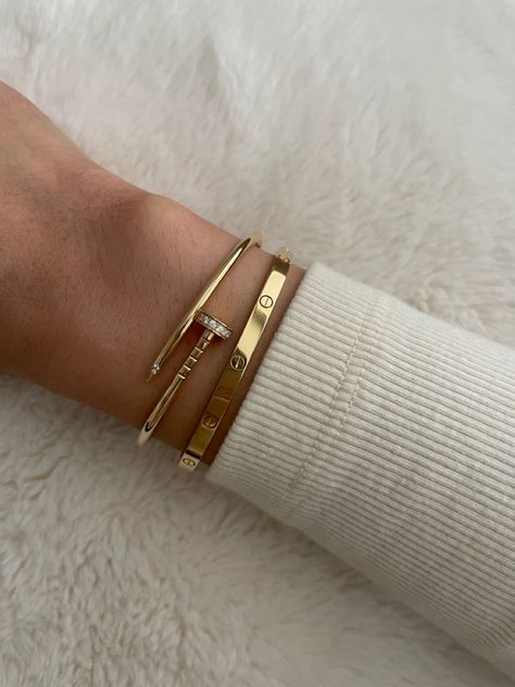 Cartier Pin Bracelet, Cartier Aesthetic Bracelet, Cartier Juste Un Clou Bracelet Aesthetic, Cartier Knot Bracelet, Cartier Love And Juste Un Clou Bracelet Stack, Stacked Cartier Love Bracelets, Gold Bracelet Cartier, Cartier Love Bracelet And Juste Un Clou, Cartier Bangle Stack