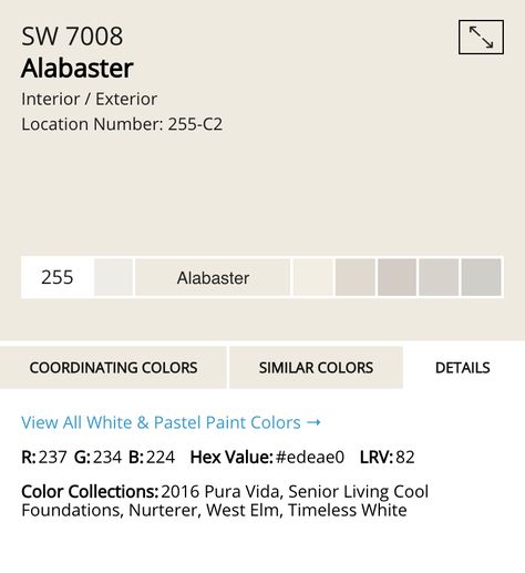 Neutral Paint Colors: Sherwin Williams Alabaster - Living Letter Home Alabaster Walls And Ceiling, Best Greige With Alabaster, Alabaster Paint, Sherwin Williams Alabaster Color Palette, Alabaster Color Palette, Alabaster Sherwin Williams, Behr Neutral Paint Colors, Sherwin Williams Alabaster White, Joanna Gaines Paint Colors