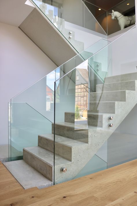 Staircase Redo, Glass Staircase Railing, Commercial Stairs, Concrete Staircase, Staircase Design Modern, Glass Fence, Glass Stairs, Glass Staircase, Stairs Design Modern