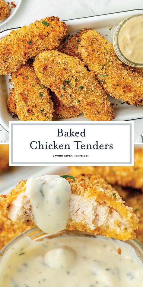 These EASY crispy Baked Chicken Tenders incorporate panko and mayo so they're super crunchy yet incredibly moist! Mayo Panko Baked Chicken, Baked Tenders Chicken, Baked Crunchy Chicken, Simple Chicken Tender Recipes, Chicken Tenders With Mayo And Panko, Oven Baked Chicken Tenders Panko, Breaded Baked Chicken Recipes, Frozen Chicken Tender Recipes, Easy Group Dinner Ideas