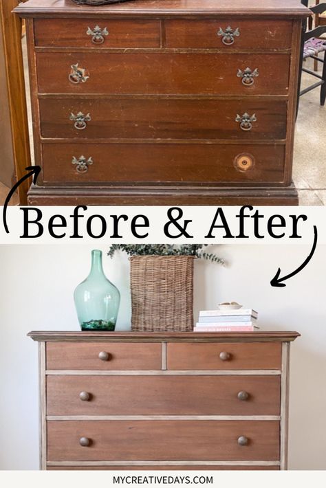 Turn an old dresser into a stylish modern piece with our DIY Pottery Barn dresser makeover! This project shows you how to achieve that classic DIY Pottery Barn finish, perfect for any skill level—whether you're new to upcycled home décor or an expert in DIY furniture makeovers. It's an easy way to add a trendy touch to your home! Vintage Dresser Restoration, Diy Painting Dresser, Tall Dresser Makeover Diy Repurposing, Wooden Dresser Makeover, Pottery Barn Dresser, Refinished Dresser Diy, Modern Dresser Makeover, Refurbished Dresser, Refinished Dresser