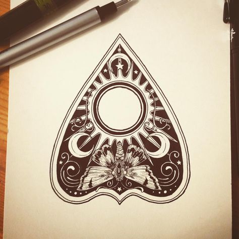 Planchette Drawing, Ouija Board Tattoo, Ouija Tattoo, Tarot Tattoo, Hand And Finger Tattoos, Witch Tattoo, Spooky Tattoos, Ouija Board, Tattoo Design Drawings