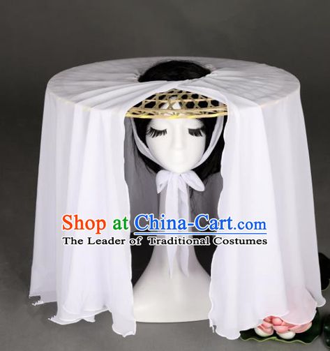 Wearable Architecture, Chinese Hat, Bamboo Hat, Bamboo Hats, White Veil, Veiled Hats, White Veils, Victorian Aesthetic, Kimono Design