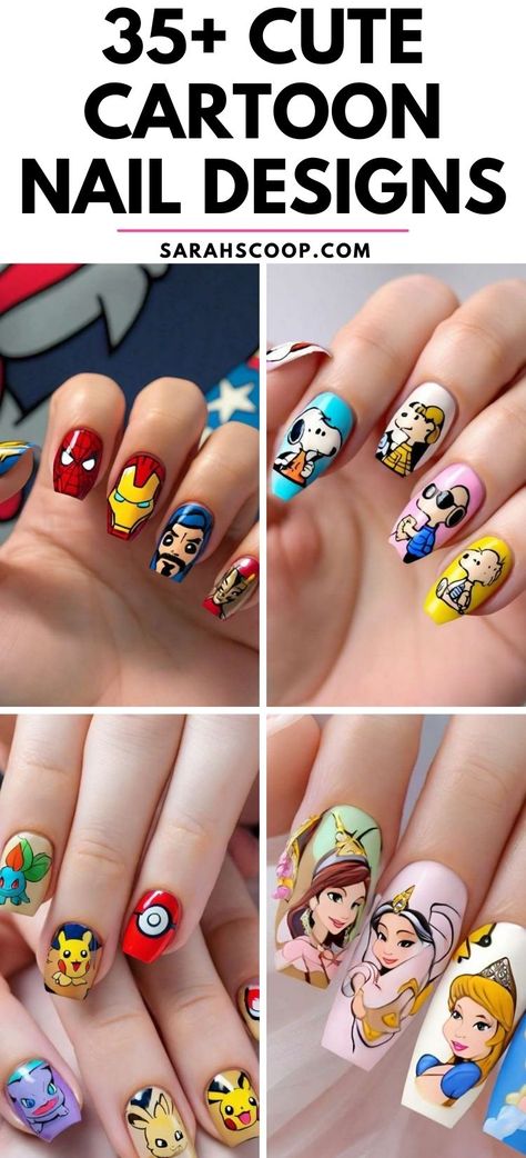 Show off your love for cartoons with 35+ cute cartoon nail designs! 🎨💅 These playful styles are perfect for adding a touch of nostalgia to your nails. #CartoonNails #NailArt #CuteNails Cartoon Nail Art Designs, Pixar Nails, Adventure Time Nails, Pikachu Nails, Princess Nail Designs, Superhero Nails, Disney Princess Nails, Cartoon Nail Designs, Cartoon Nail Art