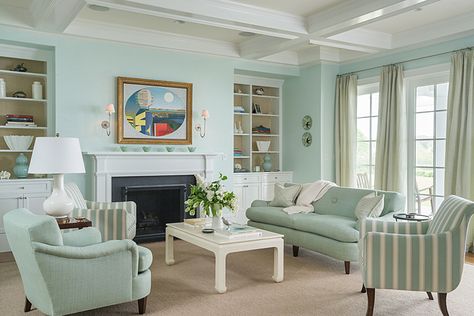 traditional interior in mint color Salons Cottage, Coastal Cottage Living Room, Coastal Decorating Living Room, Cottage Living Rooms, Coastal Living Rooms, Coastal Living Room, Coastal Interiors, Country Style Homes, Cottage Living