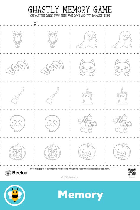 Medium halloween-themed memory game for kids ages 6 and up Memory Games For Kids Printable, Halloween Dice Game Free Printable, Halloween Pictionary For Kids, Free Printable Halloween Bingo Game, Halloween Memory Game Printable, Memory Games For Kids, Memory Games, Printable Crafts, Halloween Activities