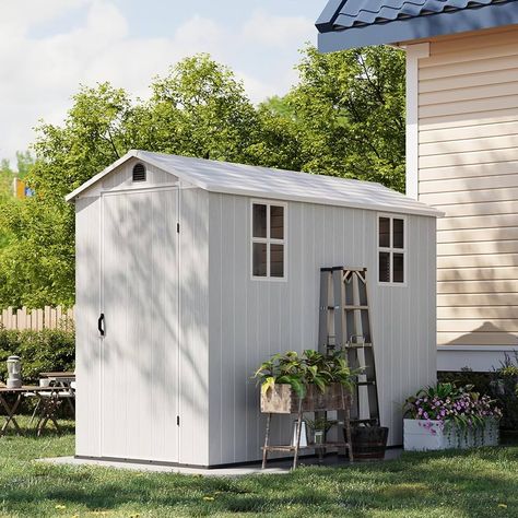 Amazon.com : Patiowell 4' x 8' Plastic Outdoor Storage Shed with Floor, Resin Outside Tool Shed with Windows and Lockable Door for Backyard Garden Patio Lawn, Gray(Fit-it Shed) : Patio, Lawn & Garden Shed With Windows, Plastic Shed, Outside Sheds, Resin Sheds, Outdoor Storage Solutions, Outdoor Storage Shed, Tool Shed, Plastic Sheds, Gray Walls