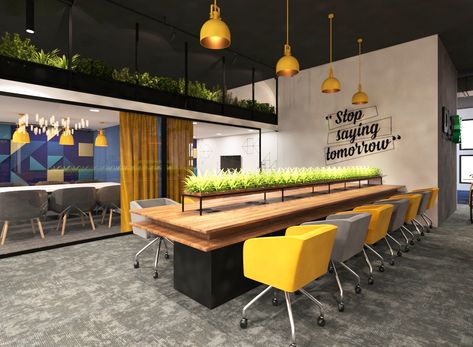 Hot Desking Office Design, Co Working Desks, Office Communal Space, Fun Office Design Work Spaces, Funky Office Design, Coworking Desk, Colourful Office, Workstation Design, Hot Desking