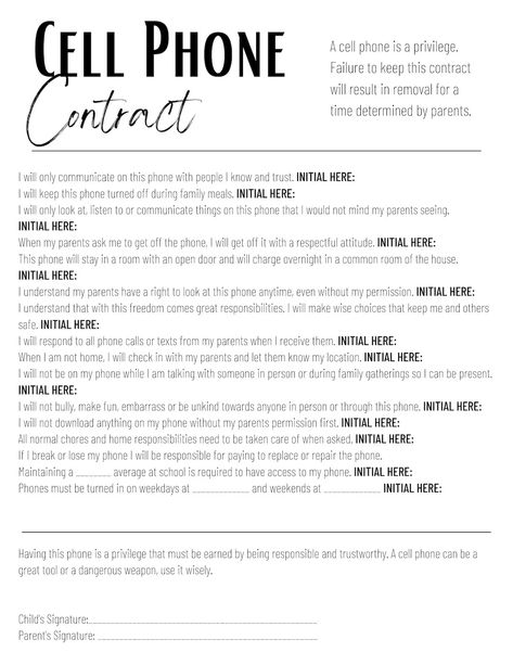 Cell Phone Contract-printable Digital Download - Etsy Kids Cell Phone Contract, Teen Cell Phone Contract, Phone Contract, Cell Phone Contract, Kids Cell Phone, Rules For Kids, Kids Schedule, Contract Design, Contract Agreement