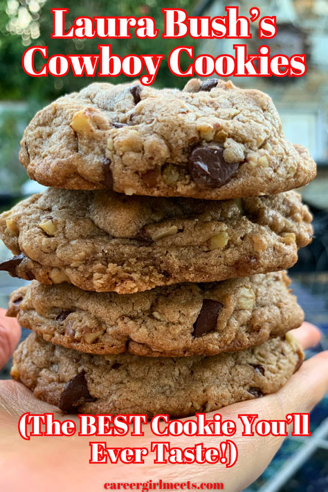 OMG, this Laura Bush Texas Cowboy cookies recipe is incredibly delicious!! Better than Southern Living, this cookie recipe can be made in half or small if you don't want to make the full batch. When these dessert cookies are baking you'll smell all the tastes of home. This country cookie recipe is an easy printable. Enjoy!!

// best cookie recipe // // best cowboy cookies // bush cookies // chocolate chip cookies // Barbara Bush Cowboy Cookies, Laura Bush Cowboy Cookies Recipe, Cowboy Cookies Laura Bush, Best Cowboy Cookies, Texas Cowboy Cookies, Laura Bush Cowboy Cookies, Cowboy Cookies Recipe, Cowboy Cookie Recipe, Cookies Chocolate Chip