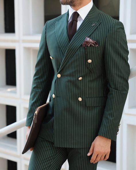 New Arrival | Haggerston ✨ Unveil your distinctive fashion sense with a tailored slim fit pine green pinstripe double-breasted men’s suit. The exquisite pinstripe pattern adds a hint of sartorial flair, while the double-breasted design and peak lapels exude timeless sophistication.Adorned with decorative gold buttons, the suit exudes opulence and style. Ideal for upscale occasions or stylish business events, this suit effortlessly balances modern style with classic charm. The rich pine green... Groom Engagement Dress, Engagement Dress Groom, Dark Green Suit Men, Mens Wedding Suit, Wedding Suit Groom, Green Suit Men, Suit Groom, Pinstripe Pattern, Black Order